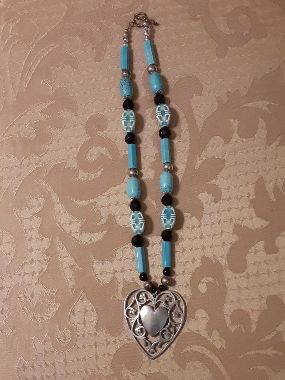 Reed & Barton Pewter Pendant & Native American Beaded Vintage Necklace